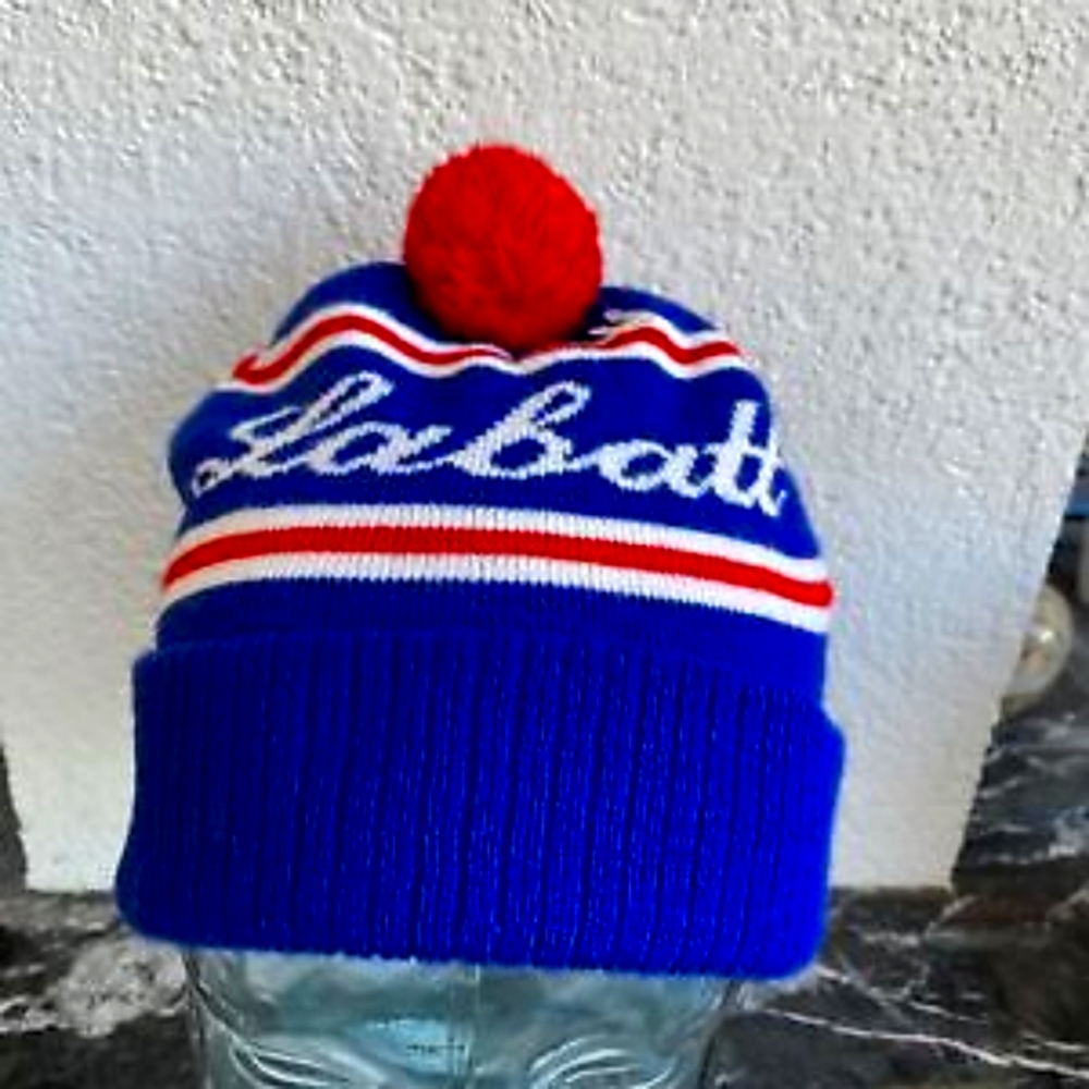 LABATT Blue Red Canada Blue Striped Winter Beanie Beer Hat w/ Pom Tassel Vtg.